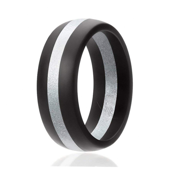 Silicone Wedding Ring - Dome Style with Middle Line - Balck-Silver by ROQ - Picture 1 of 1